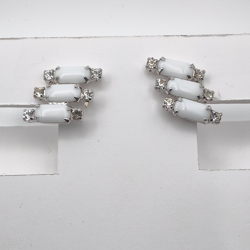 Vintage Signed Continental Montreal Milk Glass & Rhinestone Screw Back Earrings